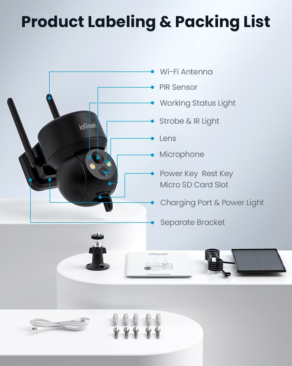 Security Cameras Wireless Outdoor, Wifi, 2K 360 View PTZ, Solar Powered Home Surveillance Camera, Color Night Vision, Motion Sensor