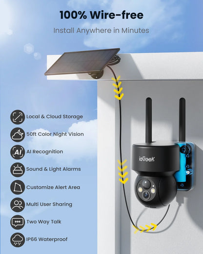 Security Cameras Wireless Outdoor, Wifi, 2K 360 View PTZ, Solar Powered Home Surveillance Camera, Color Night Vision, Motion Sensor