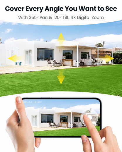 Security Cameras Wireless Outdoor, Wifi, 2K 360 View PTZ, Solar Powered Home Surveillance Camera, Color Night Vision, Motion Sensor
