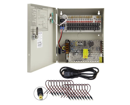 16 Channel DC 12V 10A CCTV Distributed Power Supply Box with DC Male Power Conenctors for Security Cameras and DVR