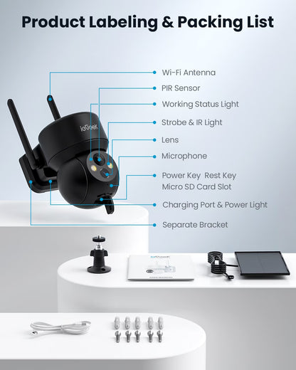 Security Cameras Wireless Outdoor, Wifi, 2K 360 View PTZ, Solar Powered Home Surveillance Camera, Color Night Vision, Motion Sensor